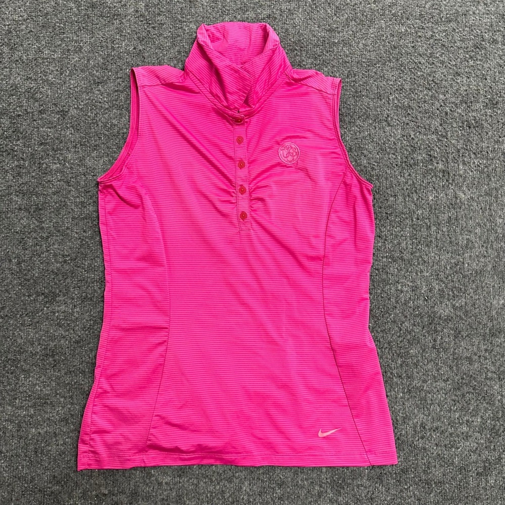 Nike Golf Polo Womens Size M Pink Striped Dri-Fit Sleeveless Mock Neck Athletic